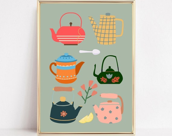 Retro Teapots Art Print, Botanical Kitchen Decor
