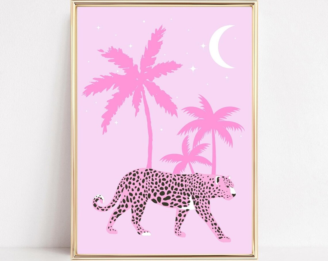 Tropical Leopard Art Print, Pastel Pink Home Decor