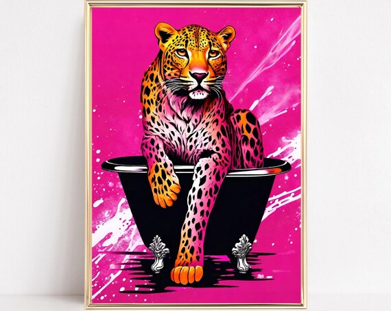 Neon Pink Leopard Bathtub Art Bold Splash Pop Feline Wall Print