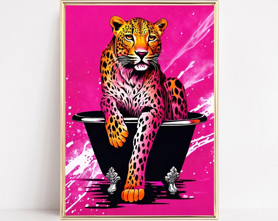 Neon Pink Leopard Bathtub Art Bold Splash Pop Feline Wall Print