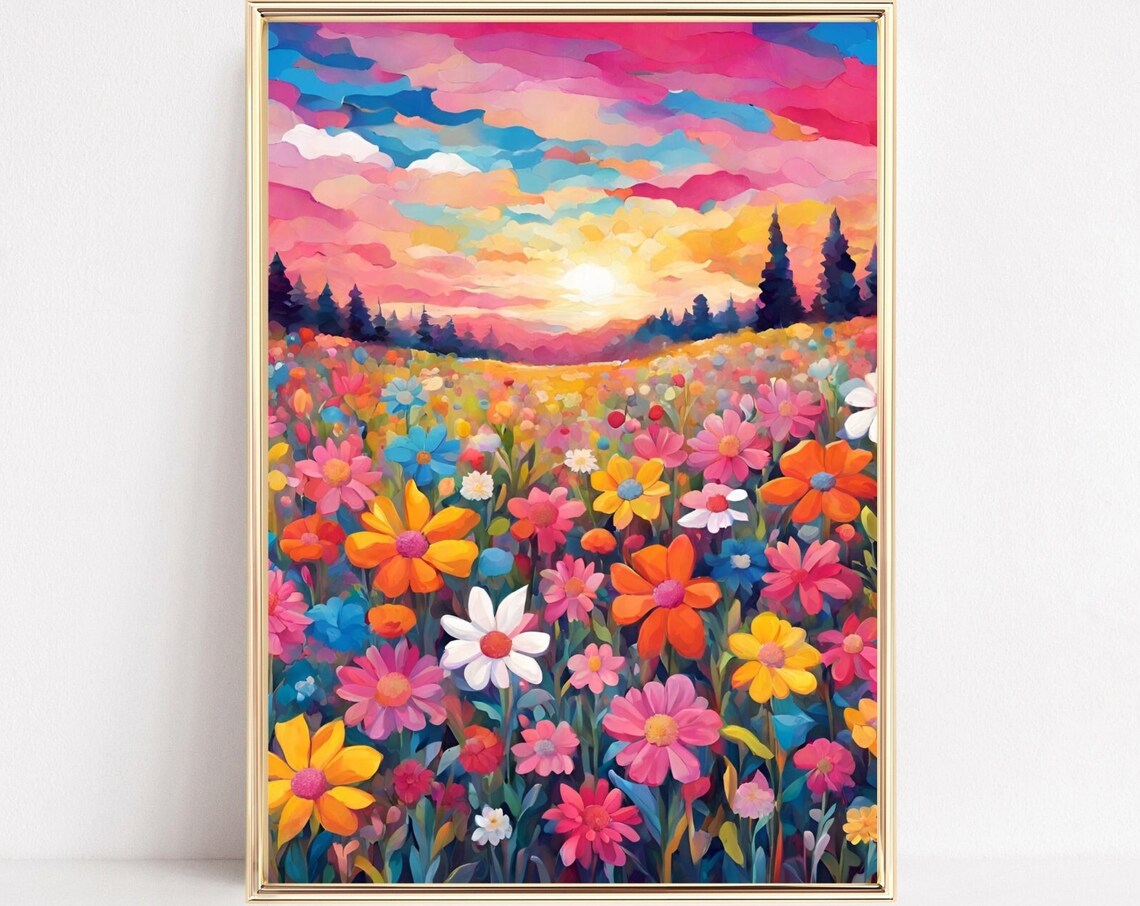 Wildflower Meadow Sunset Art Colorful Daisy Field Landscape Print