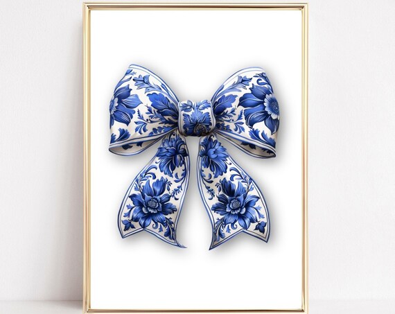 Blue White Chinoiserie Bow On Plain Minimalist Background Poster