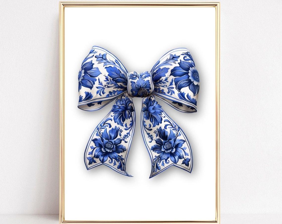 Blue White Chinoiserie Bow On Plain Minimalist Background Poster