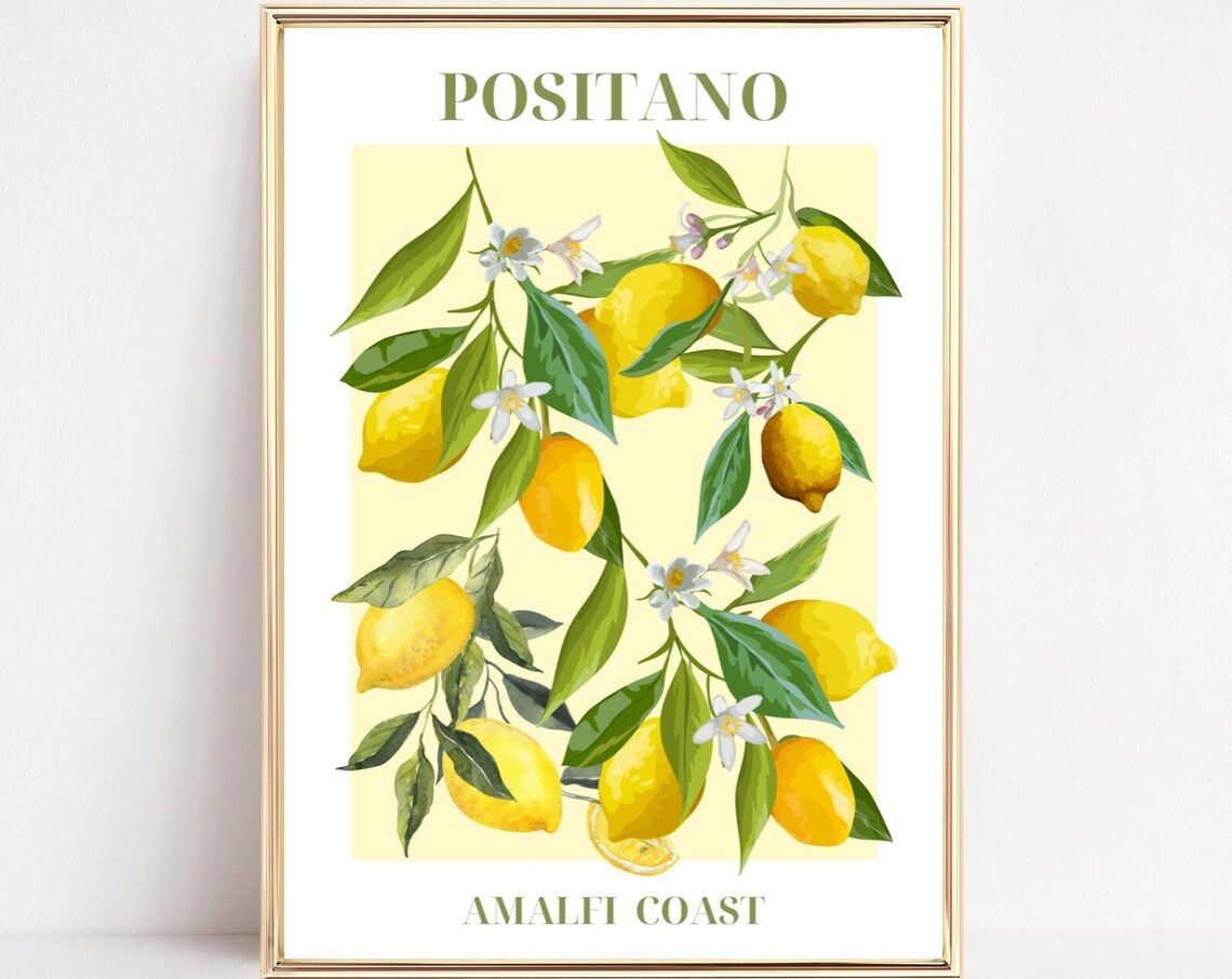 Positano Amalfi Coast Lemon Branch Italian Travel Botanical Poster
