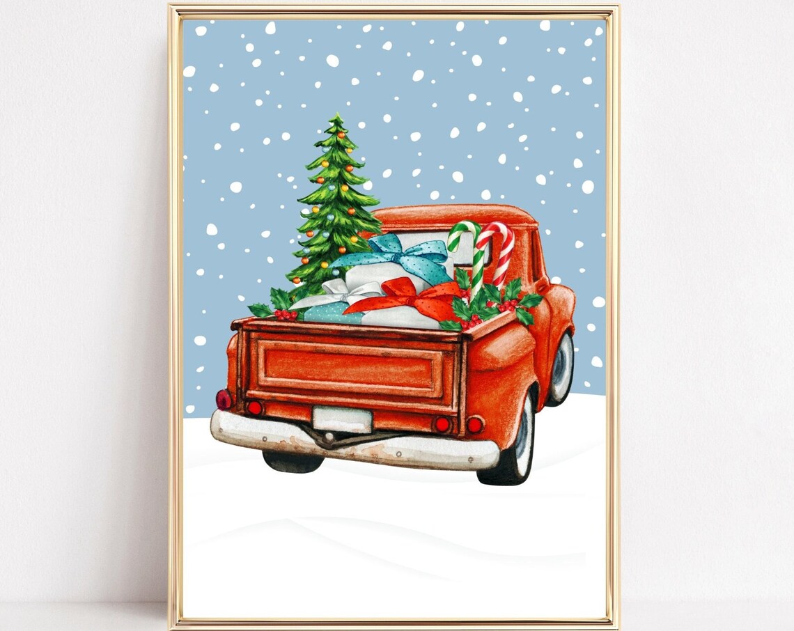 Red Christmas Truck Art Print, Festive Holiday Decor