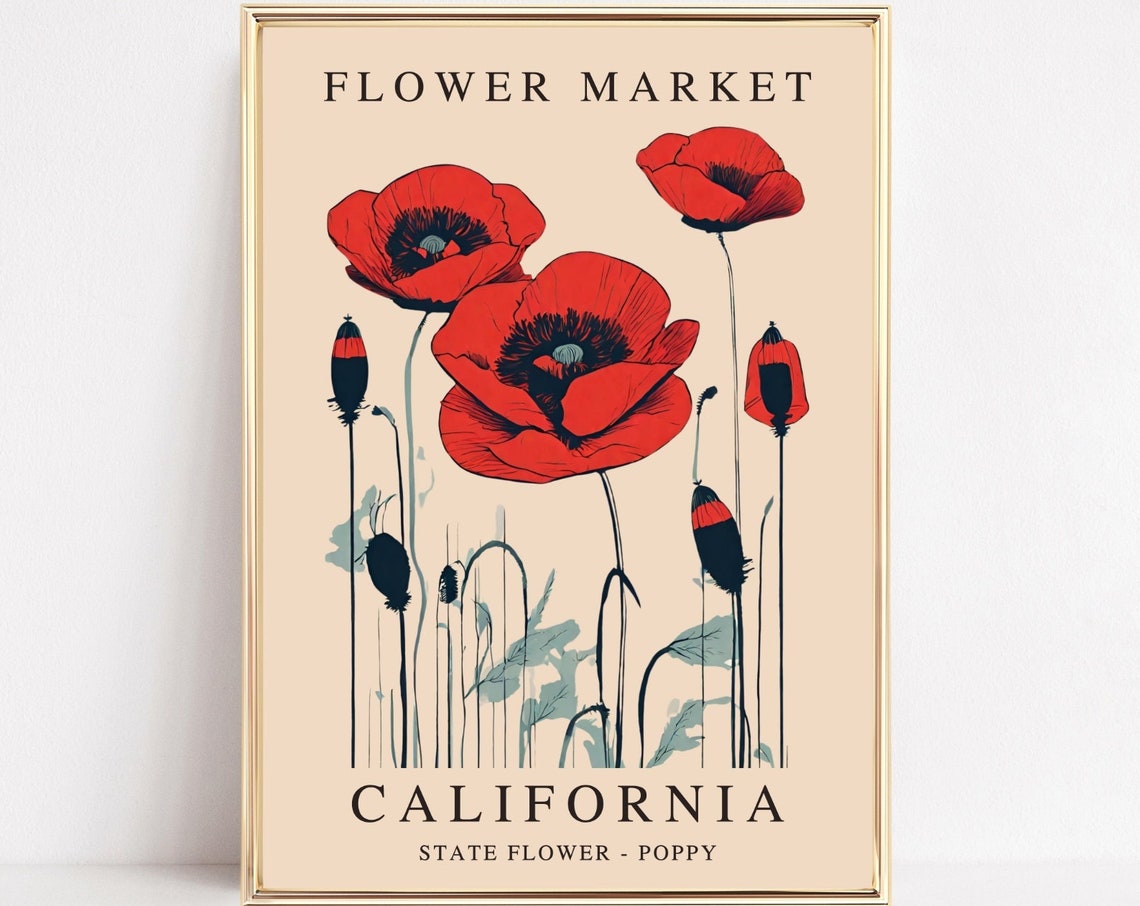 California Poppy Flower Market Print California Poppy Travel Poster California State Flower 1960s Wall Art Pastel Botanical Flower Artwork