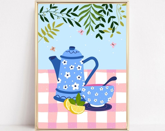Retro Teacups Art Print, Kitchen Gallery Wall