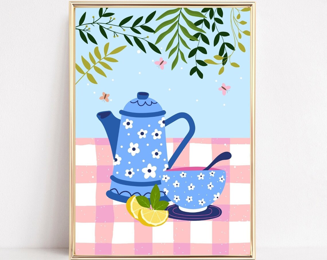 Retro Teacups Art Print, Kitchen Gallery Wall