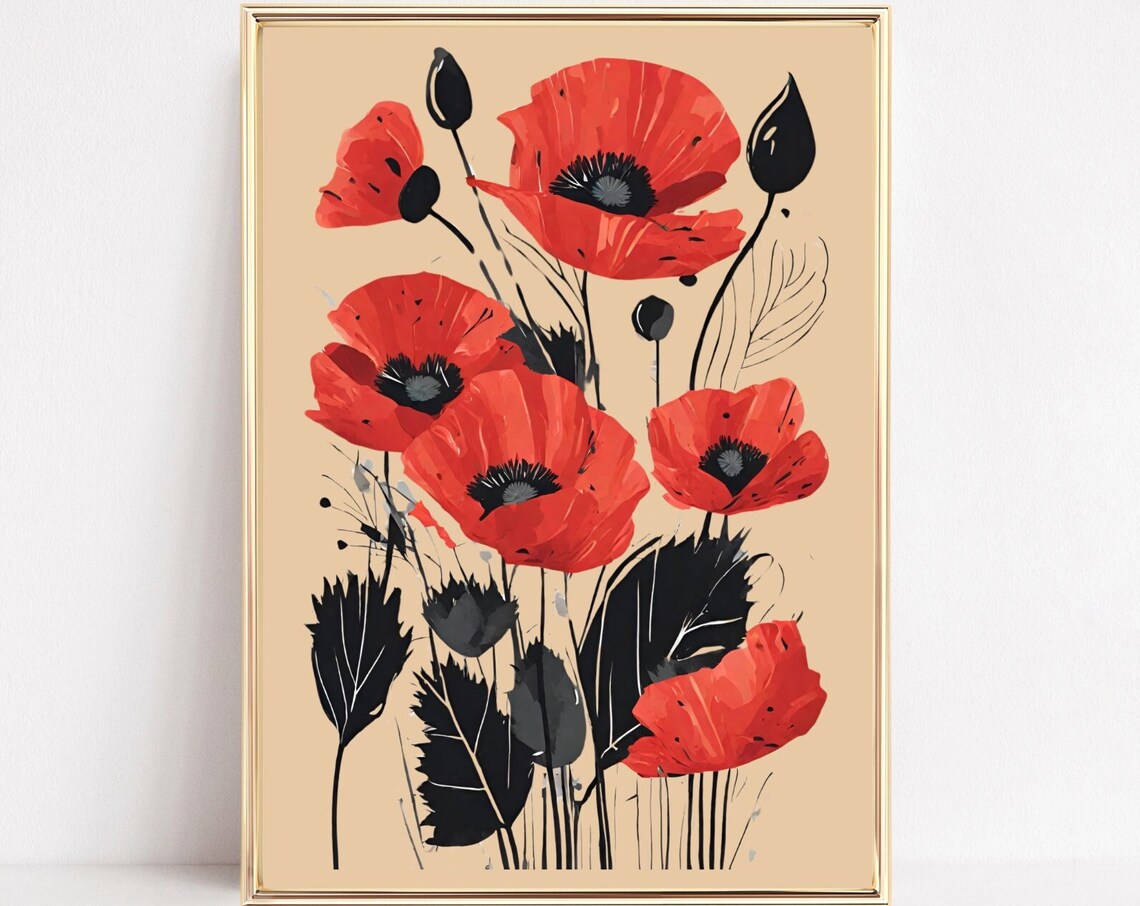 Red Poppy Black Stems Beige Modern Botanical Floral Sketch Poster