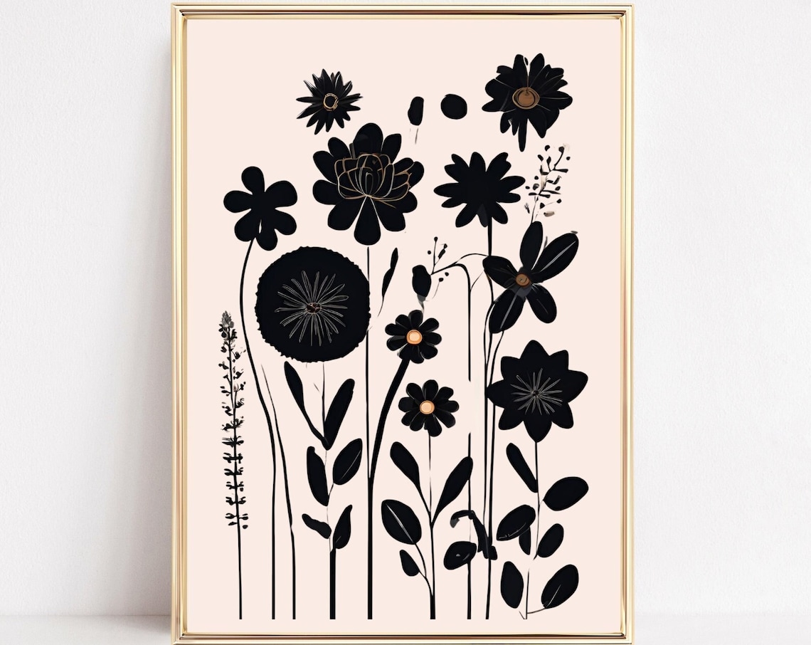 Black Silhouette Wildflowers Gold Accent Cream Botanical Poster