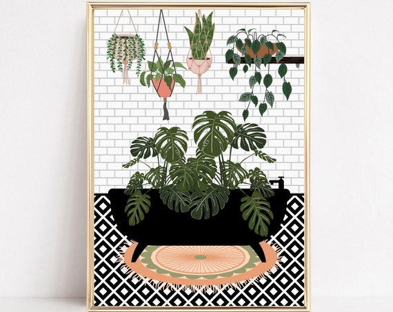 Bathtub Botanical Bathroom Art Print, Green Decor