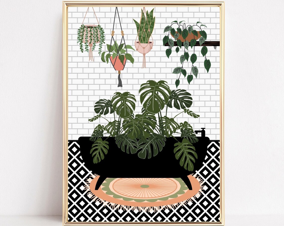 Bathtub Botanical Bathroom Art Print, Green Decor