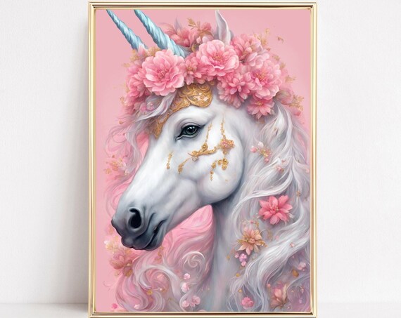 White Unicorn Gold Bridle Pink Blossom Fantasy Portrait Poster