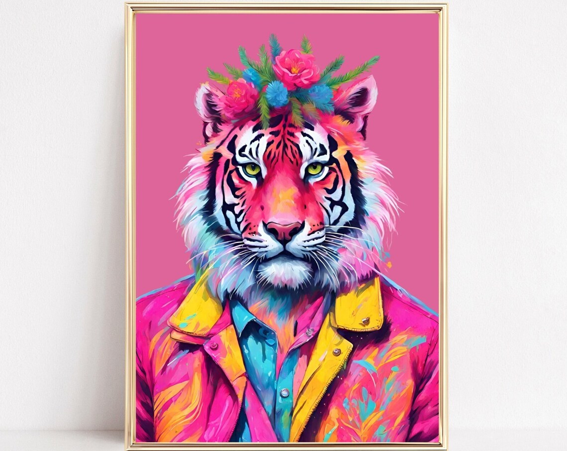 Colorful Tiger Flower Crown Pink Jacket Pop Art Portrait Poster