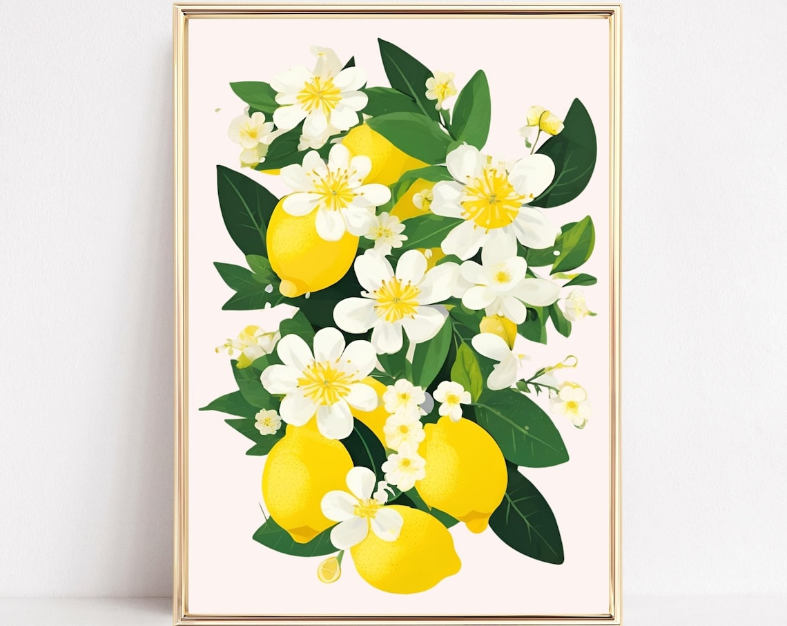 Lemon Blossom White Flowers Green Leaves Citrus Botanical Art Poster