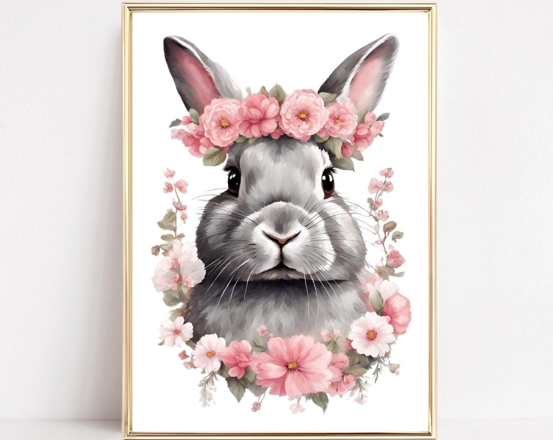 Floral Bunny Nursery Art Prints Cute Bunny Woodland Girls Nursery Art Rabbit Nursery Print Baby Girls Bedroom Poster Prints Baby Gifts