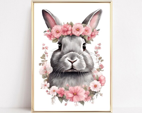 Bunny Flower Crown Pink Floral Wreath Cute Woodland Nursery Poster