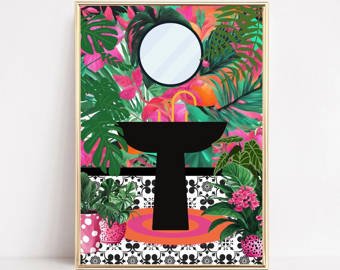 Tropical Jungle Bathroom Art Black Sink Botanical Wall Print