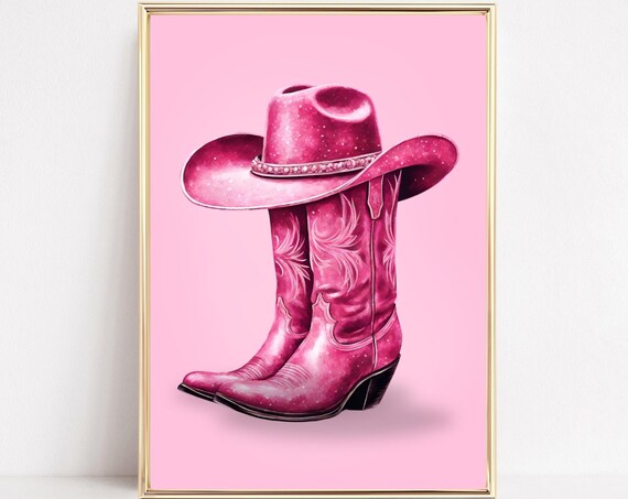 Pink Cowboy Boots Hat Preppy Western Coastal Cowgirl Art Poster