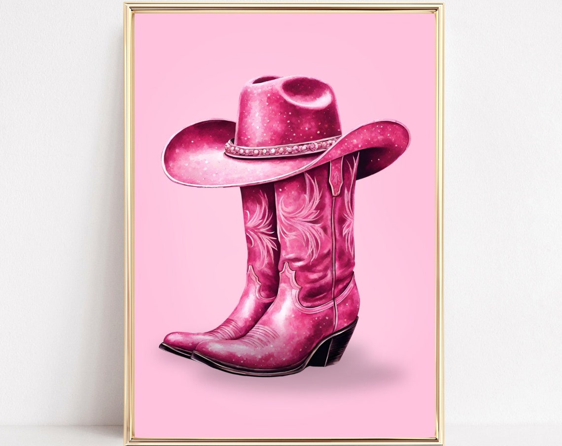 Pink Cowgirl Boots Print Coastal Cowgirl Wall Art Preppy Western Retro Cowgirl Boots Hat Preppy Western Poster Cowboy Aesthetic