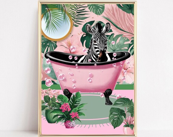 Zebra Pink Bathtub Art Bubble Bath Tropical Bathroom Wall Print