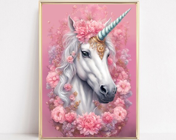 White Unicorn Teal Horn Pink Peony Wreath Magical Fantasy Art Poster