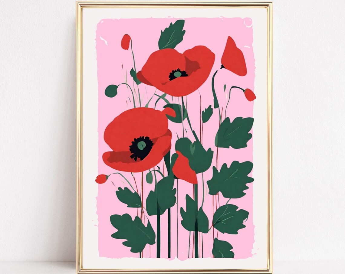 Bold Red Poppies Pink Background Minimalist Floral Art Poster