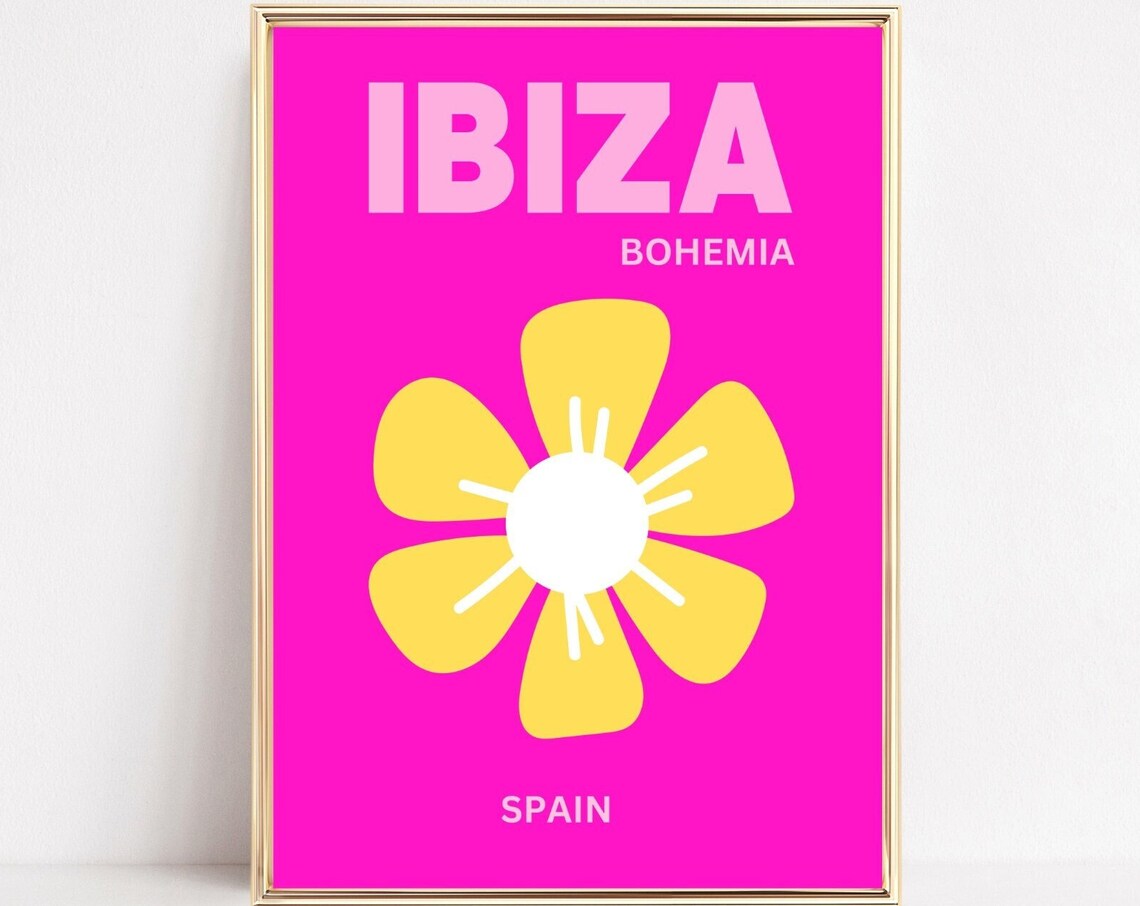 Ibiza Bohemia Spain Travel Destination Yellow Flower Hot Pink Poster
