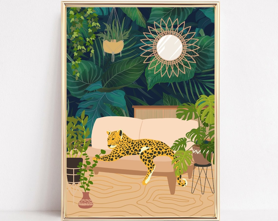 Leopard and Plants Animal Art Print, Big Cat