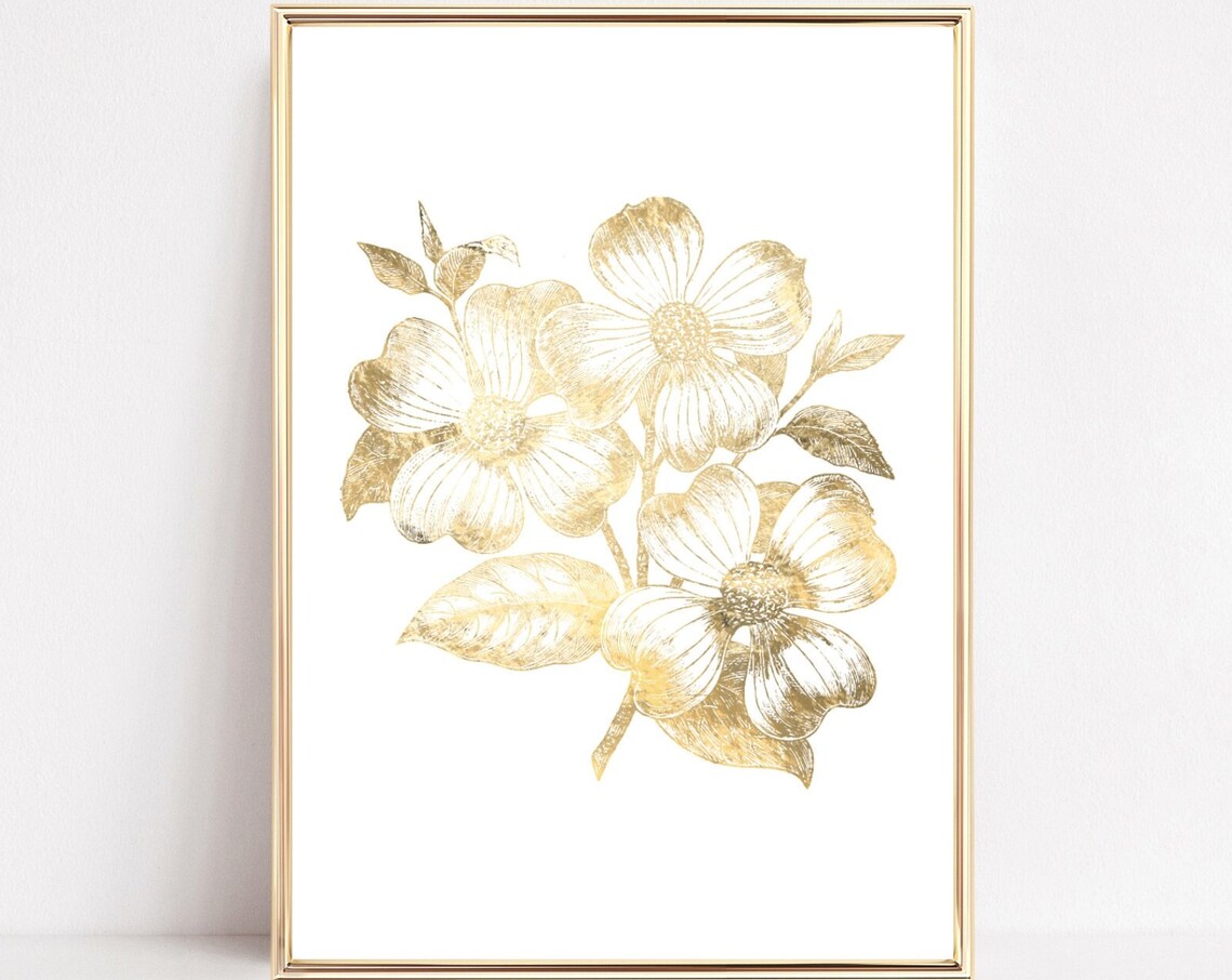 Gold Floral Botanical White Flower Elegant Gold Leaf Art Poster