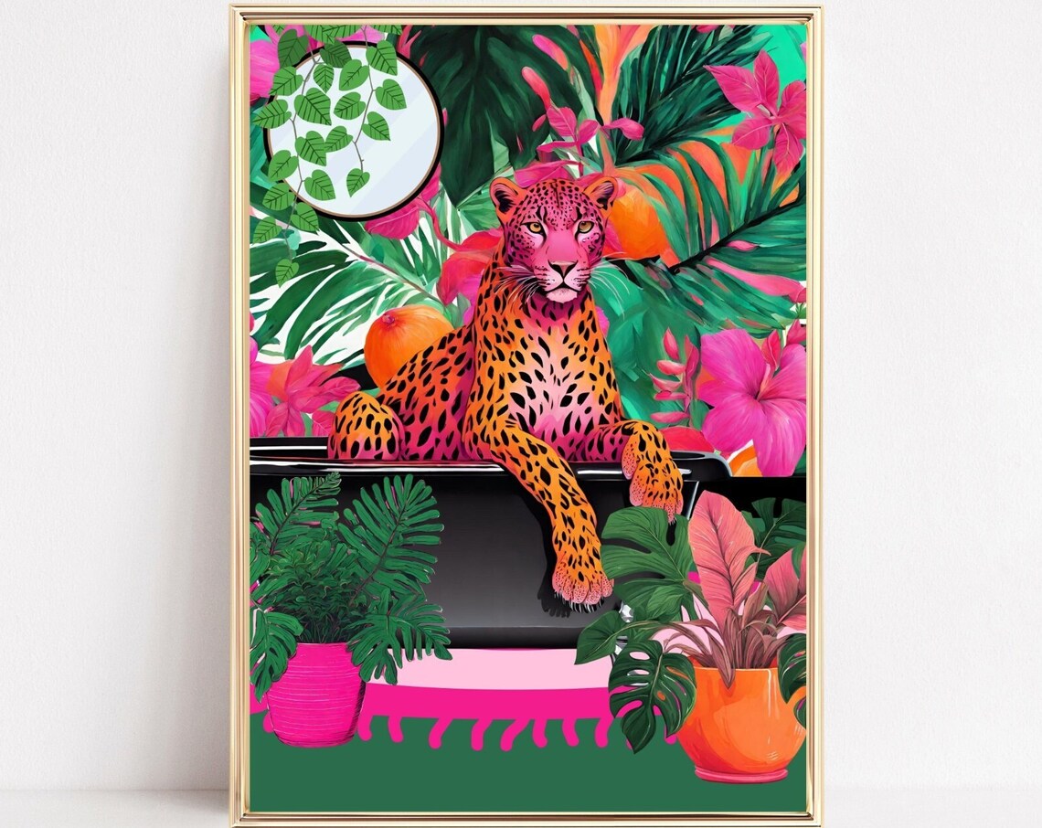 Pink Leopard Bathtub Art Tropical Jungle Bath Soak Wall Print
