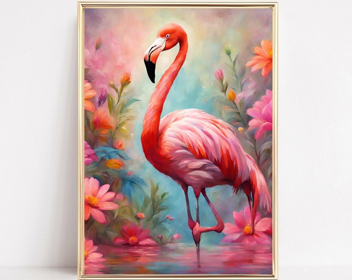 Botanical Flamingo Wall Art Floral Flamingo Pink Flamingo Vintage Style Poster Retro Flamingo Flower Garden Print Eclectic Art