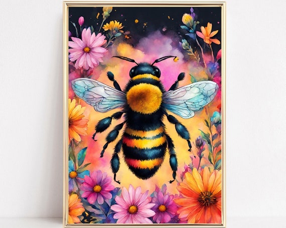 Bumble Bee Wall Art Print Botanical Bee Poster Floral Bee Illustration Honey Bee Print Colorful Bumble Bee Nature Wall Decor