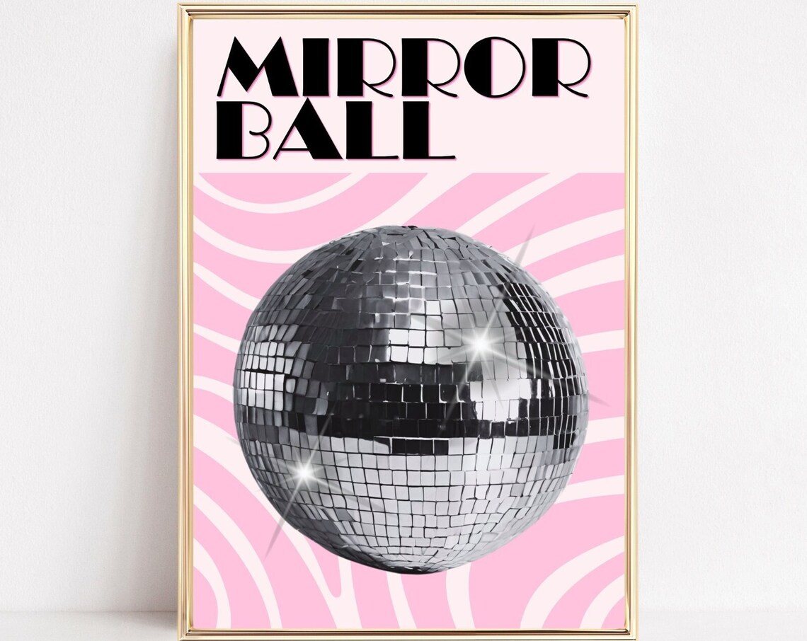Mirror Ball Retro Typography Art Pink Groovy Disco Wall Print