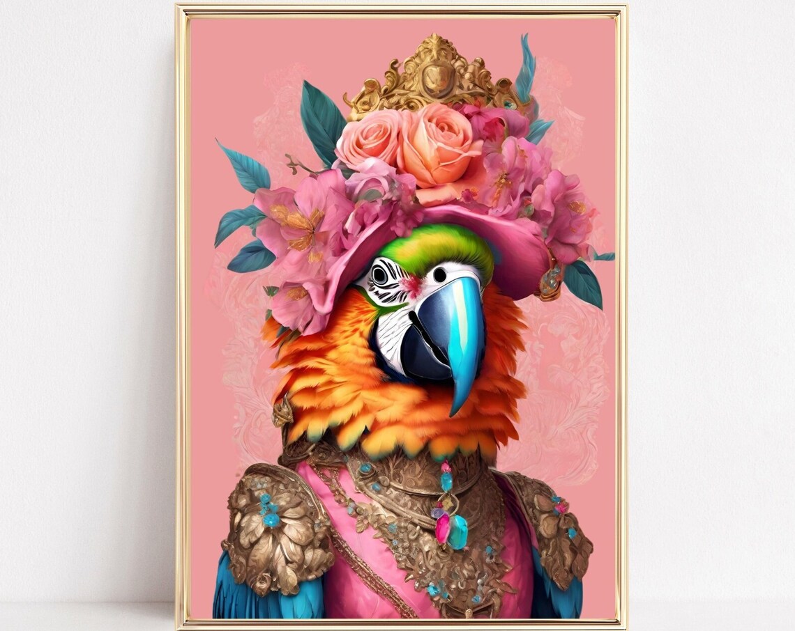 Fashion Parrot Portrait Art Print, Maximalist Eclectic