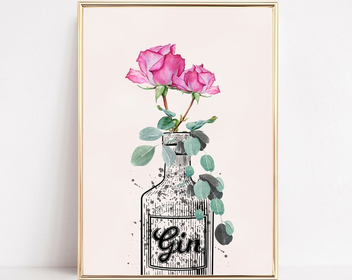Botanical Gin Art Print, Pink Floral Kitchen Poster