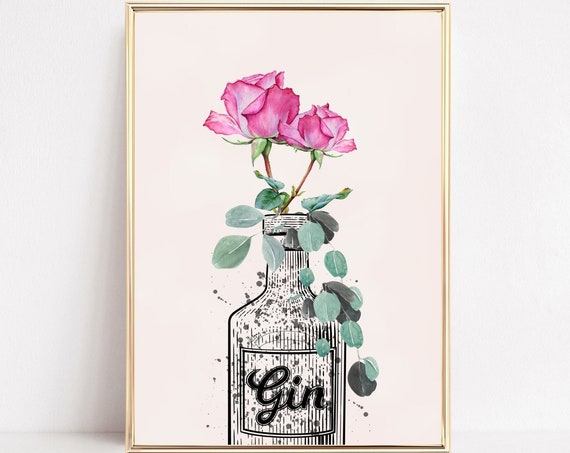 Botanical Gin Art Print, Pink Floral Kitchen Poster