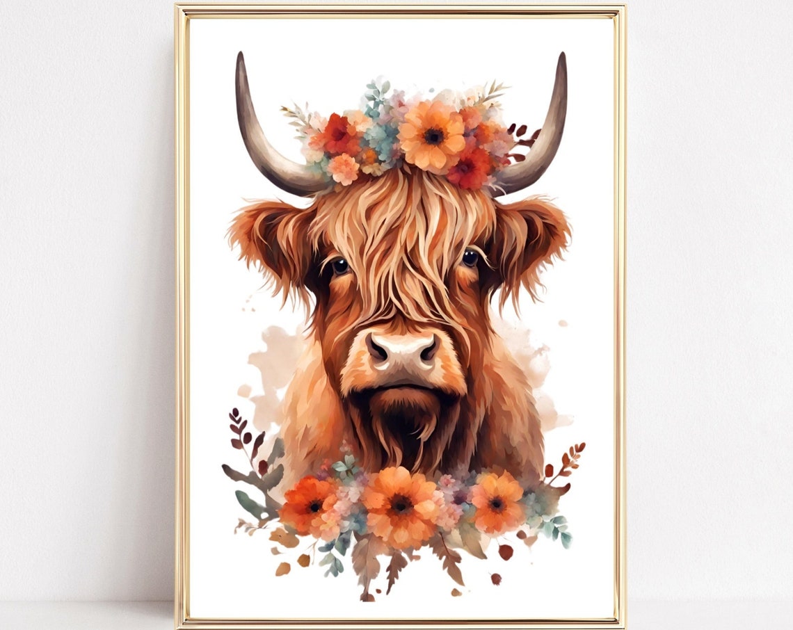 Colorful Floral Highland Cow Animal Print Highland Cow Wall Art Print Highland Cow Art Watercolor Animal Illustration Farm Animal