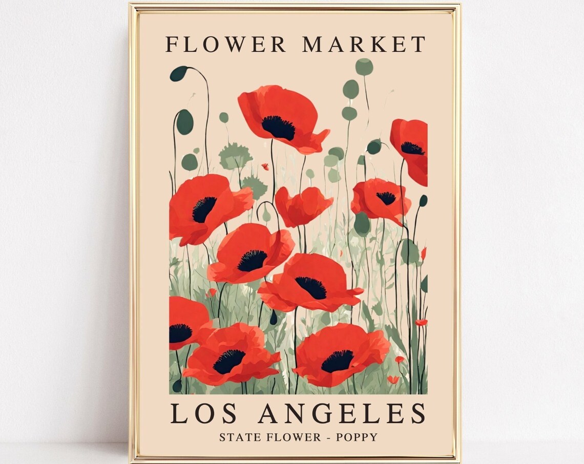 Flower Market Los Angeles Poppy State Flower Vintage Botanical Poster
