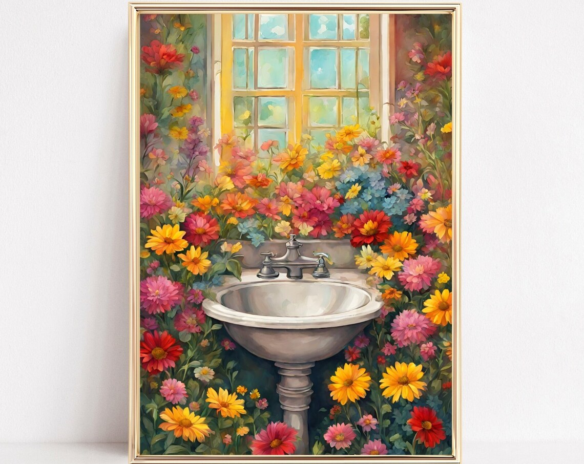 Colorful Wildflower Sink Art Blooming Bathroom Floral Wall Print