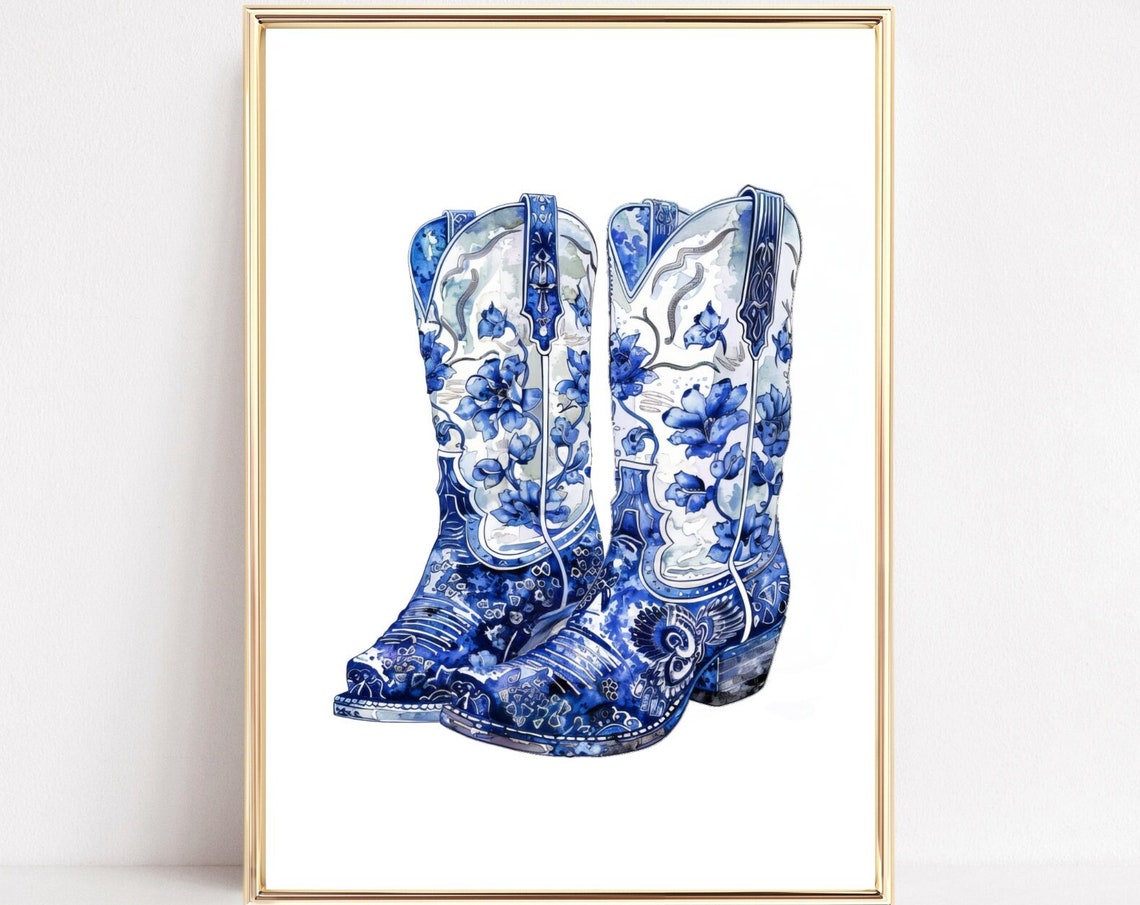 Blue Cowboy Boots Wall Art Print Coquette Bow Cowgirl Boots Print Coastal Cowgirl Western Poster Retro Cowgirl Aesthetic Chinoiserie Florals