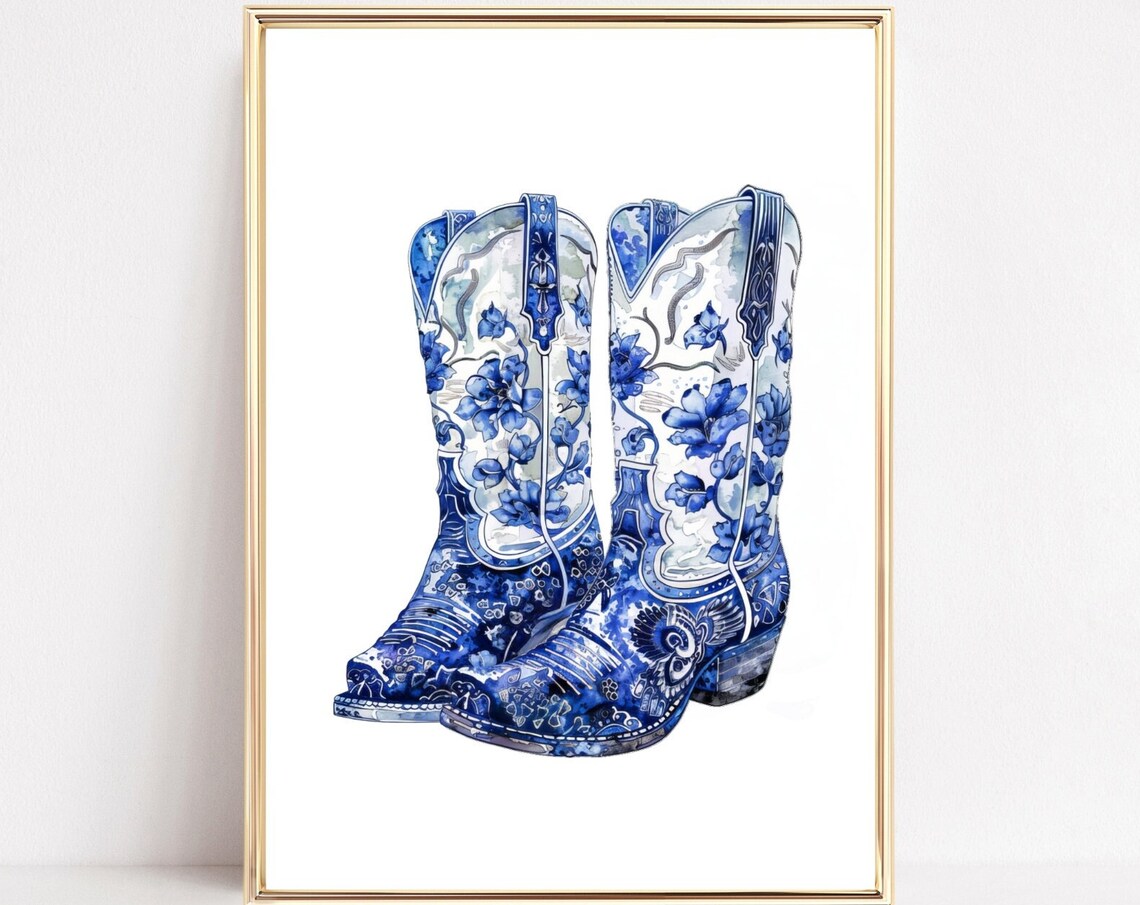 Pair Of Blue White Chinoiserie Floral Cowboy Boots Art Poster