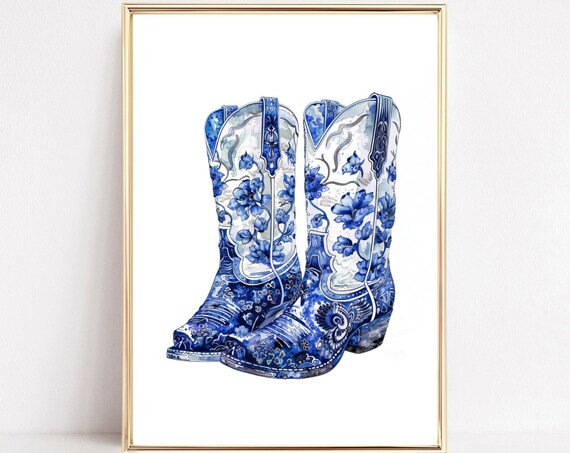 Pair Of Blue White Chinoiserie Floral Cowboy Boots Art Poster