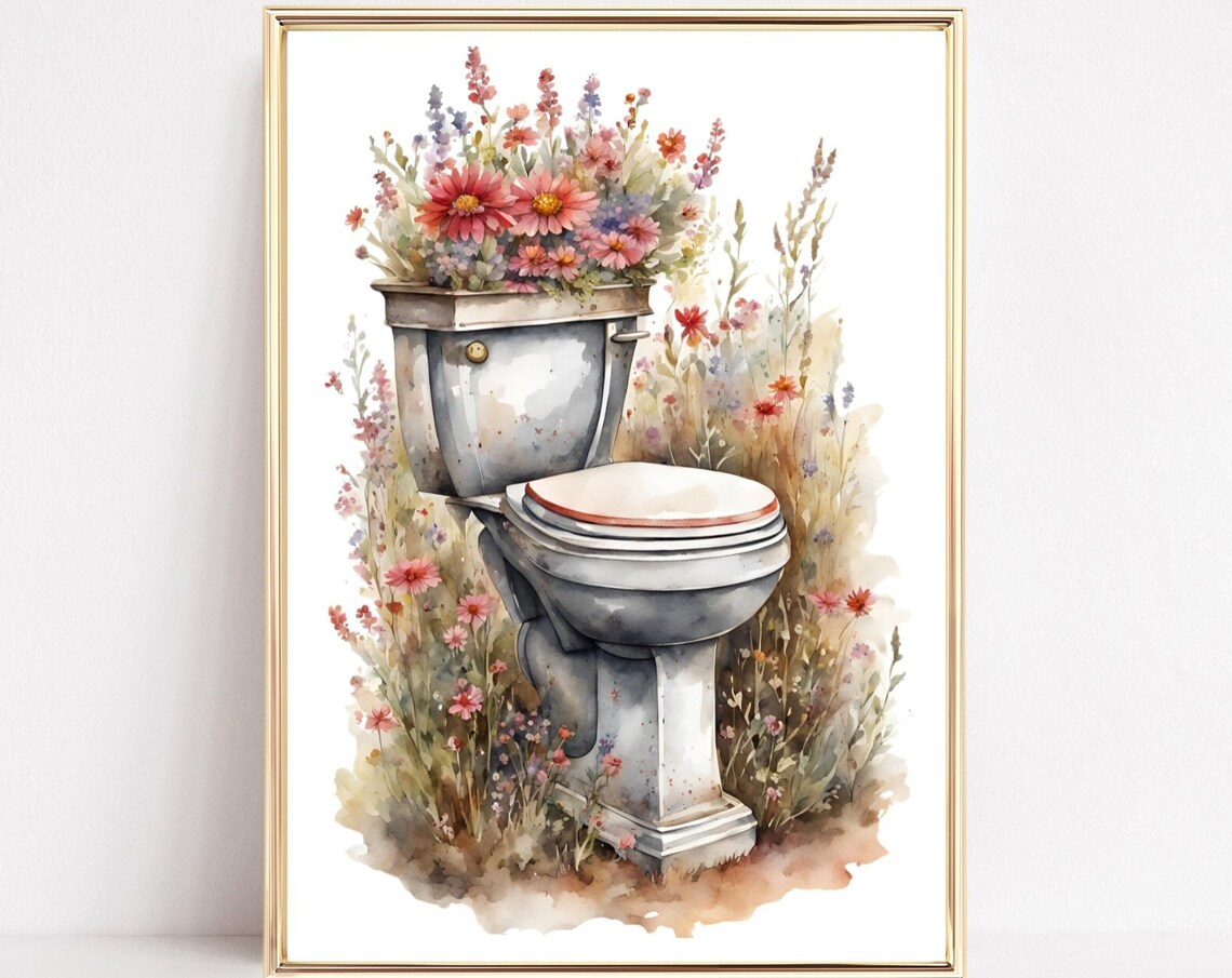 Vintage Toilet Wildflower Bouquet Funny Bathroom Wall Poster