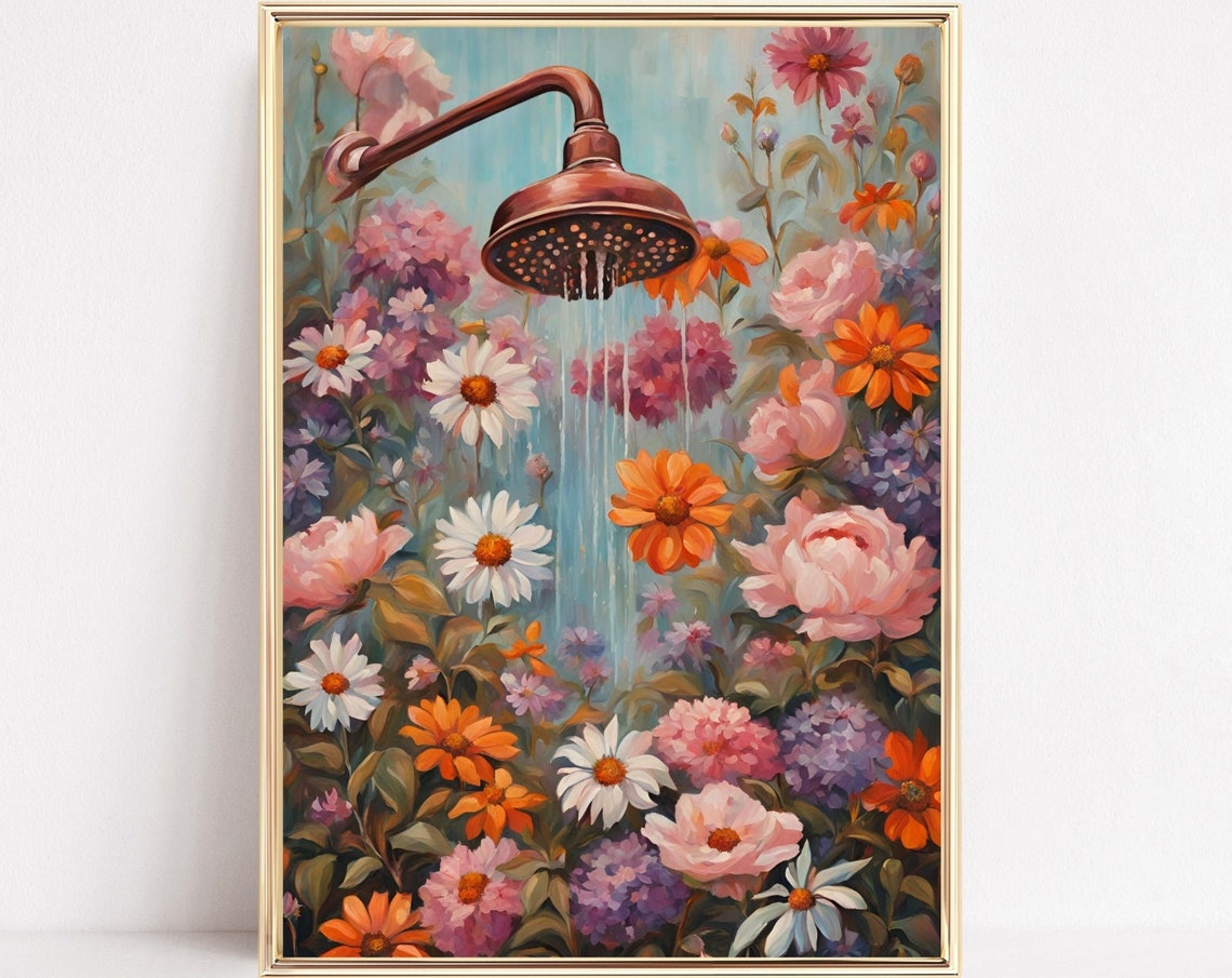 Vintage Copper Showerhead Watering Wildflowers Bathroom Poster
