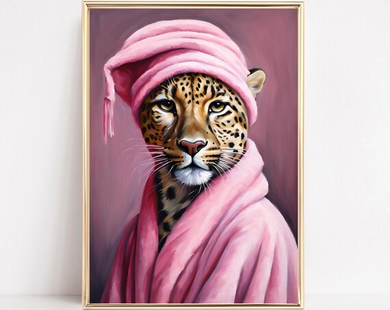 Leopard Spa Day Portrait Pink Bathrobe Towel Turban Wall Poster