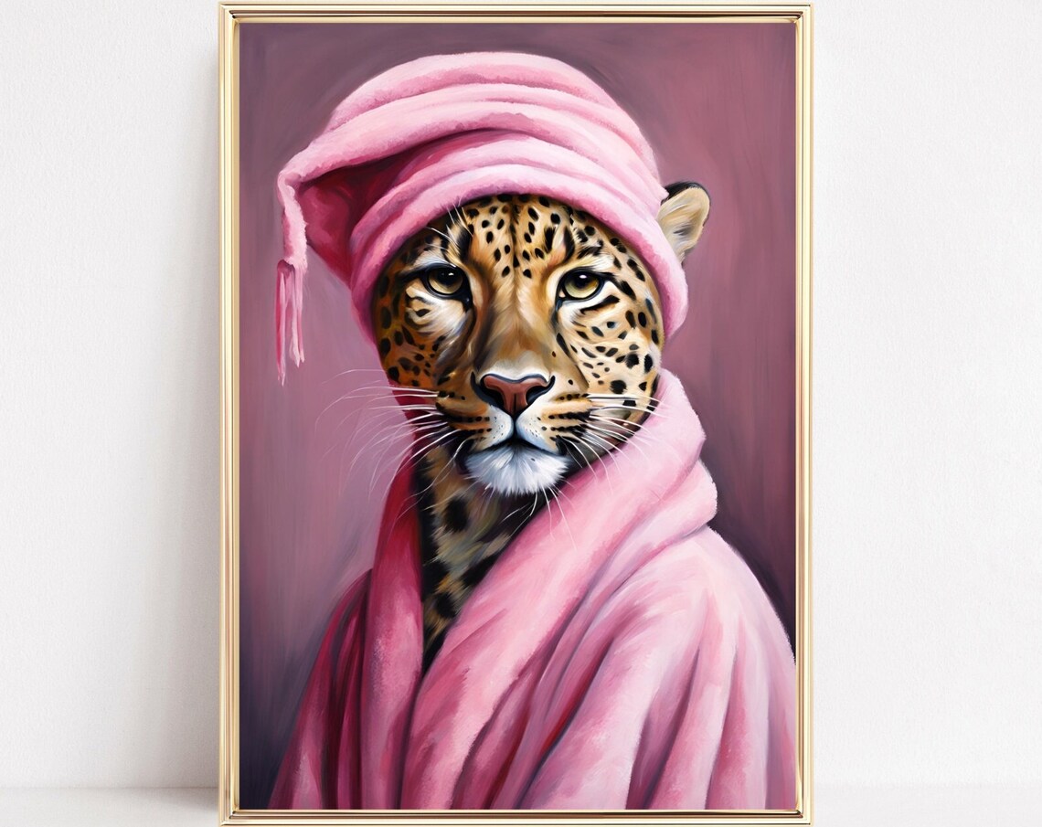 Leopard Spa Day Portrait Pink Bathrobe Towel Turban Wall Poster