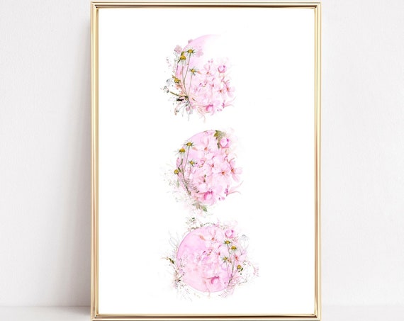Watercolour Moon Phases Art Print, Boho Floral