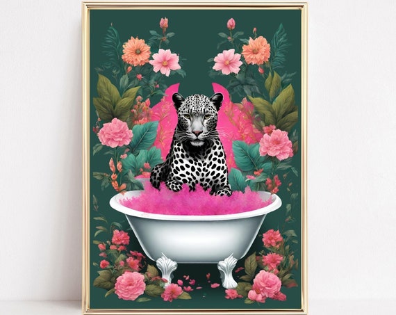 Black Leopard In A Bath Art Print, Safari Bathroom
