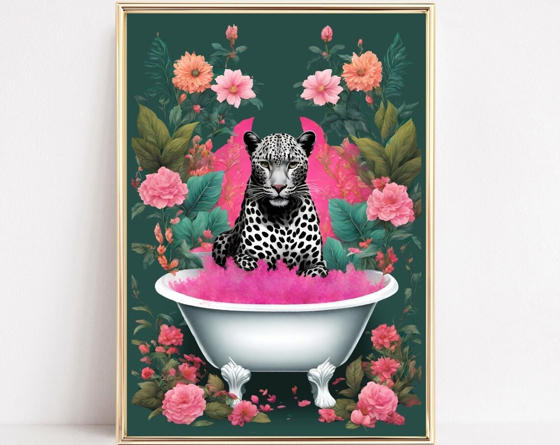 Black Leopard In A Bath Art Print, Safari Bathroom